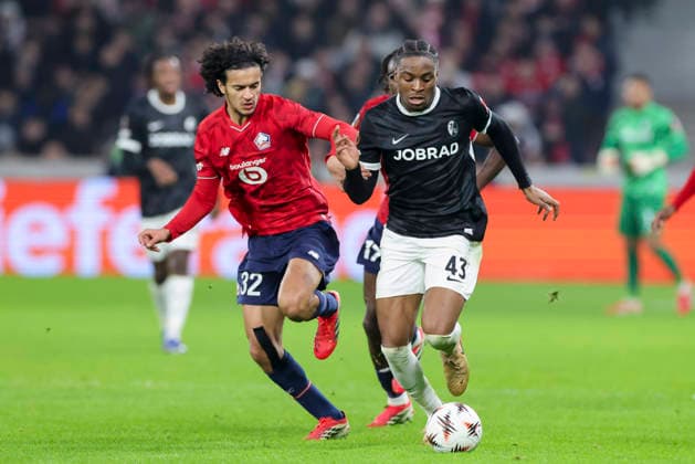 Ayyoub Bouaddi OSC Lille and Bruno Ogbus SC Freiburg battle for the ball, UEFA Europa League 2025 26 League Phase MD8, LOSC Lille v SC Freiburg, Stade Pierre Mauroy on January 29, 2026 in Lille, France Photo by Marco Steinbrenner DeFodi Images Ayyoub Bouaddi OSC Lille and Bruno Ogbus SC Freiburg battle for the ball, UEFA Europa League 2025 26 League Phase MD8, LOSC Lille v SC Freiburg, Stade Pierre Mauroy, January 29, 2026 in Lille, France Photo by Marco Steinbrenner DeFodi Images