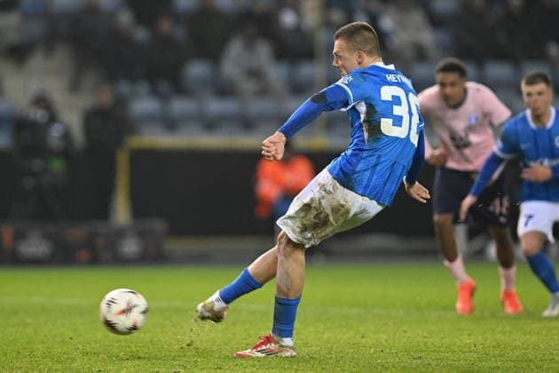 260129 KRC Genk vs Malmo FF Daan Heymans (38) of Genk scores the 1-1 equalizer goal from penalty pictured during the 8th game in the Uefa Europa League season 2025-2026 League Phase between KRC Genk and Malmo FF from Sweden on January 29 , 2026 in Genk, Belgium. (Photo by David Catry Isosport) Genk Belgium  Copyright: xDavidxCatryx 20260129DC2_2052