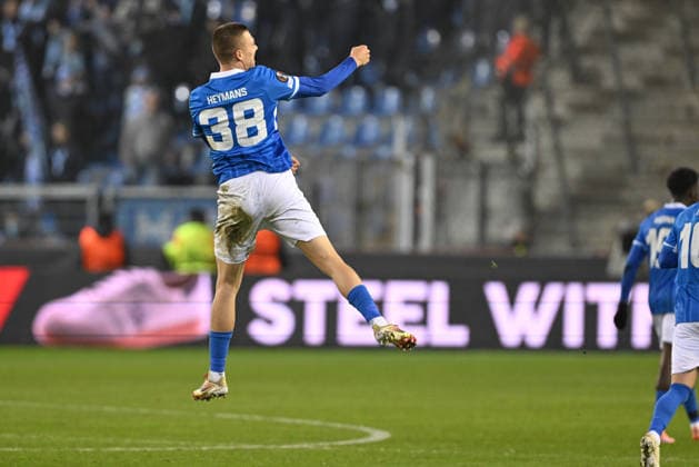 260129 KRC Genk vs Malmo FF Daan Heymans (38) of Genk celebrates after scoring the 1-1 equalizer goal pictured during the 8th game in the Uefa Europa League season 2025-2026 League Phase between KRC Genk and Malmo FF from Sweden on January 29 , 2026 in Genk, Belgium. (Photo by David Catry Isosport) Genk Belgium  Copyright: xDavidxCatryx 20260129DC2_2217