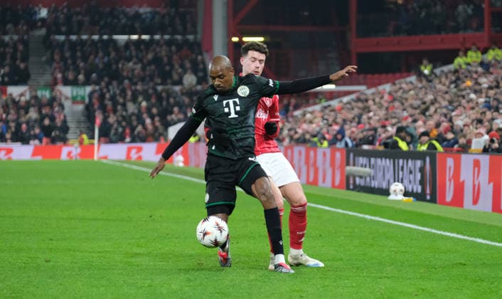 Julio Romao of Ferencvaros TC and Neco Williams of Nottingham Forest seen in action during the UEFA Europa league football match between Nottingham Forest and Ferencvaros TC at the City Ground in Nottingham. Copyright: xPaulxBonser SportsxPressxPhotox Sportspressphoto_SPR86756