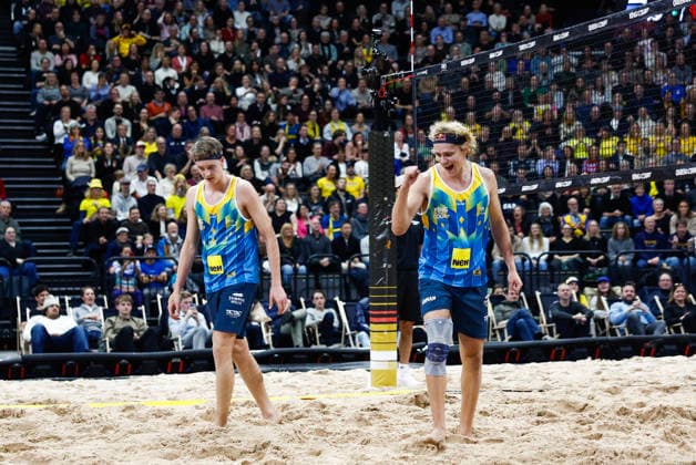 STOCKHOLM, SWEDEN 20260129 Swedens Jonatan Hellvig and David Ahman during the final of the Stockholm Beach 2026 beach volleyball competition, an official event in the international Queen King of the Court series, at Avicii Arena in Stockholm STOCKHOLM SWEDEN x60160x  Copyright: xStefanxJerrevang TTx STOCKHOLM BEACH 2026