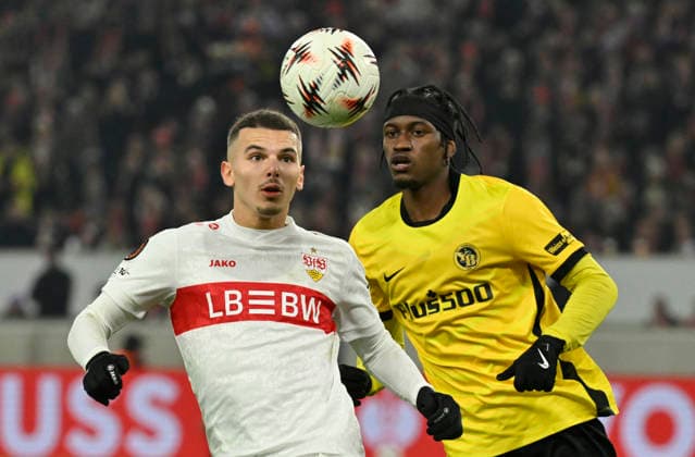 Header duel duel action Badredine Bouanani VfB Stuttgart 27 vs Joel Monteiro BSC Young Boys Bern 77 VfB Stuttgart vs Young Boys Bern YB EUROPA LEAGUE EL 29 01 2026 DFL REGULATIONS PROHIBIT ANY USE OF PHOTOGRAPHS AS IMAGE SEQUENCES AND OR QUASI VIDEO VfB Stuttgart vs Young Boys Bern YB