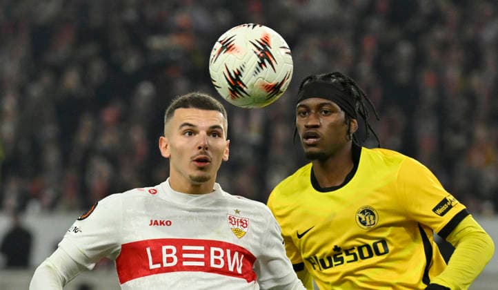 Header duel duel action Badredine Bouanani VfB Stuttgart 27 vs Joel Monteiro BSC Young Boys Bern 77 VfB Stuttgart vs Young Boys Bern YB EUROPA LEAGUE EL 29 01 2026 DFL REGULATIONS PROHIBIT ANY USE OF PHOTOGRAPHS AS IMAGE SEQUENCES AND OR QUASI VIDEO VfB Stuttgart vs Young Boys Bern YB