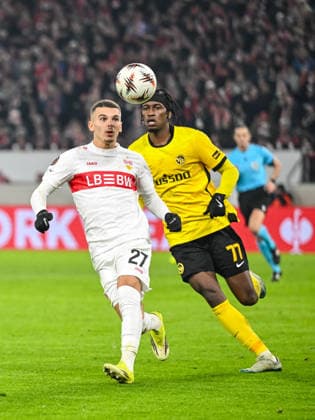 Badredine Bouanani VfB Stuttgart and Joel Monteiro BSC Young Boys battle for the ball during the UEFA Europa League 2025 26 League Phase MD8 match between VfB Stuttgart and BSC Young Boys at Stuttgart Arena on January 29, 2026 in Stuttgart, Germany Photo by Harry Langer DeFodi Images