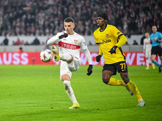 Badredine Bouanani VfB Stuttgart and Joel Monteiro BSC Young Boys battle for the ball during the UEFA Europa League 2025 26 League Phase MD8 match between VfB Stuttgart and BSC Young Boys at Stuttgart Arena on January 29, 2026 in Stuttgart, Germany Photo by Harry Langer DeFodi Images