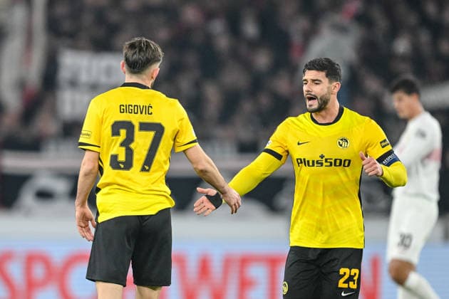 Armin Gigovic BSC Young Boys celebrates after scoring his team s first goal with teammates during the UEFA Europa League 2025 26 League Phase MD8 match between VfB Stuttgart and BSC Young Boys at Stuttgart Arena on January 29, 2026 in Stuttgart, Germany Photo by Harry Langer DeFodi Images