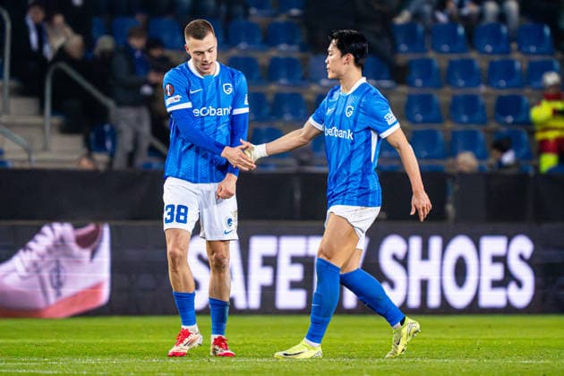 2026-01-29 KRC Genk v Malmo FF - UEFA Europa League 2025 26 League Phase MD8 GENK, BELGIUM - JANUARY 29: Daan Heymans of KRC Genk celebrates the equalizing first goal with Hyeongyu Oh of KRC Genk during the UEFA Europa League 2025 26 League Phase MD8 match between KRC Genk and Malmo FF at Cegeka Arena on January 29, 2026 in Genk, Belgium. (Photo by Gabriel Calvino Alonso BSR Agency) Genk Belgium Content not available for redistribution in The Netherlands directly or indirectly through any third parties. Copyright: xBSRxAgencyx