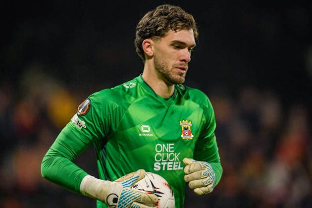 2026-01-29 - Europa League match DEVENTER, NETHERLANDS - JANUARY 29: Jari De Busser keeper of Go Ahead Eagles looks on during the Europa League match at the De Adelaarshorst on January 29, 2026 in Deventer, Netherlands Deventer De Adelaarshorst Netherlands Content not available for redistribution in The Netherlands directly or indirectly through any third parties. Copyright: xDennisxBresserx