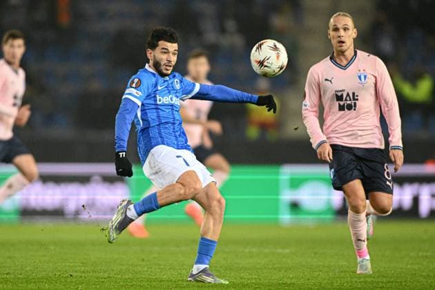 Genk s Zakaria El Ouahdi pictured in action during a soccer game between Belgian soccer team KRC Genk and Swedish team Malmo FF, in Genk, on Thursday 29 January 2026, on day eight of the League phase of the UEFA Europa League tournament. JILLxDELSAUX  x159647572x
