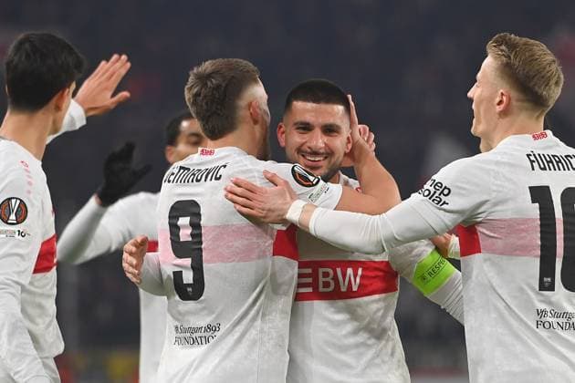 Goal celebration around Deniz UNDAV VFB Stuttgart with left Ermedin DEMIROVIC VFB Stuttgart ,, right Chris FUEHRICH VFB Stuttgart , jubilation,joy,enthusiasm,action, Football UEFA Europa League VfB Stuttgart BSC Young Boys on 29 01 2026 MHP ARENA