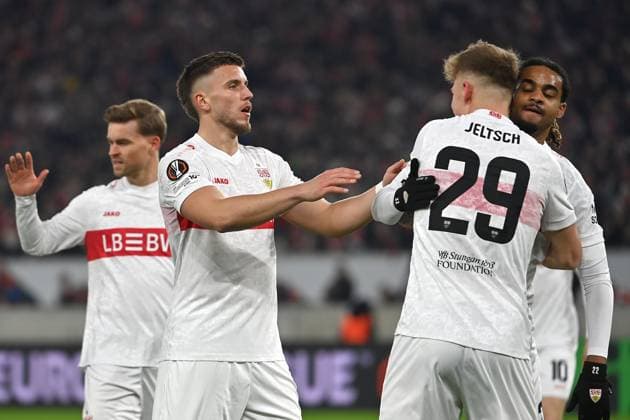 Goal celebration Ermedin DEMIROVIC VFB Stuttgart , re Finn JELTSCH VFB Stuttgart , Lorenz ASSIGNON VFB Stuttgart cheering,joy,enthusiasm,action,soccer UEFA Europa League VfB Stuttgart BSC Young Boys on 29 01 2026 MHP ARENA