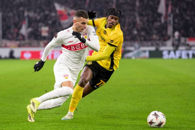 Soccer, UEFA Europa League, 20260129, VfB Stuttgart BSC Young Boys Bern Pictured from l Badredine BOUANANI Stuttgart, 27 Dribbling Ball, Joel MONTEIRO Bern, 77 Stuttgart MHP Arena Baden Württemberg Germany Copyright: Passion2Press MarkusxFischerx