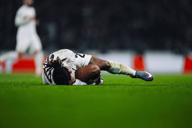 Badredine Bouanani 27 VfB Stuttgart lies injured on the ground and shows pain Injury on the pitch Copyright: xspeedshotx