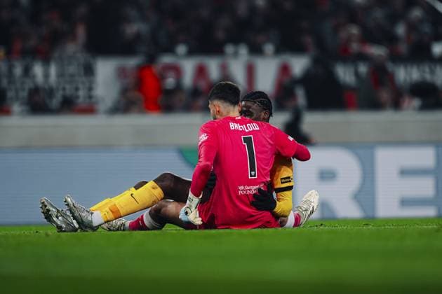 Fabian Bredlow 1 VfB Stuttgart sits on the ground and holds 10246 in his arm Goalkeeper in action Copyright: xspeedshotx