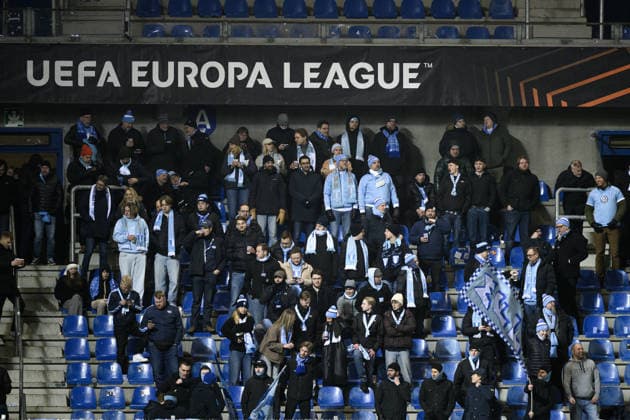 260129 Fans of Malmö FF during the UEFA Europa League football match between KRC Genk and Malmö FF on January 29, 2026 in Genk Photo Simon Hastegard BILDBYRAN kod SH SH0684 fotboll football soccer fotball uefa europa league europa league krc genk malmö ff bbeng publik  Copyright: SIMONxHASTEGARD BB260129SH057