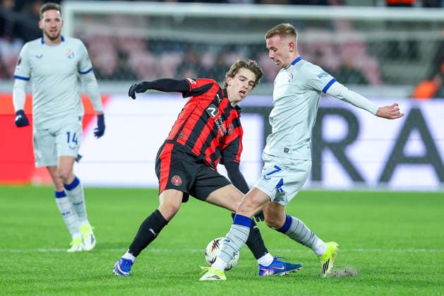 29 01 2026, Football, UEFA Europa League, Matchday 8, FC Midtjylland GNK Dinamo Zagreb, MCH Arena in Herning, Denmark Valdemar Byskov FC Midtjylland 20 in duel against Luka Stojkovic GNK Dinamo 07 Regulations prohibit any use of photographs as image sequences and or quasi video Denmark
