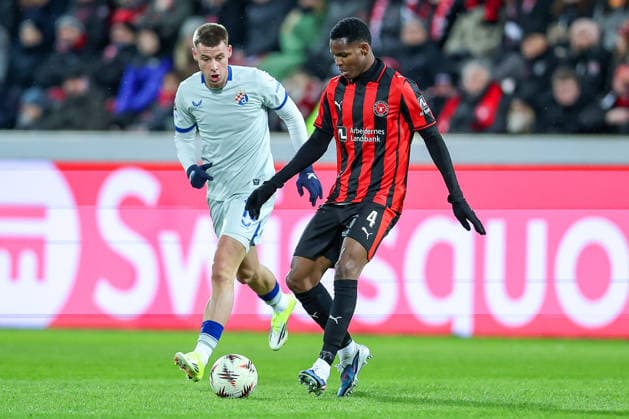 29 01 2026, Football, UEFA Europa League, Matchday 8, FC Midtjylland GNK Dinamo Zagreb, MCH Arena in Herning, Denmark Marko Soldo GNK Dinamo 14 in duel against Ousmane Diao FC Midtjylland 04 Regulations prohibit any use of photographs as image sequences and or quasi video Denmark