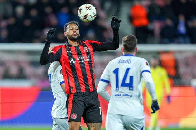 29 01 2026, Football, UEFA Europa League, Matchday 8, FC Midtjylland GNK Dinamo Zagreb, MCH Arena in Herning, Denmark Junior Brumado FC Midtjylland 74 in duel against Josip Misic GNK Dinamo 27 Marko Soldo GNK Dinamo 14 Regulations prohibit any use of photographs as image sequences and or quasi video Denmark