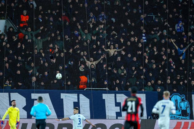 29 01 2026, Football, UEFA Europa League, Matchday 8, FC Midtjylland GNK Dinamo Zagreb, MCH Arena in Herning, Denmark Fans in the stands guest block Regulations prohibit any use of photographs as image sequences and or quasi video Denmark