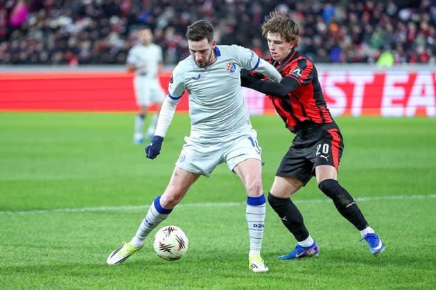 29 01 2026, Football, UEFA Europa League, Matchday 8, FC Midtjylland GNK Dinamo Zagreb, MCH Arena in Herning, Denmark Marko Soldo GNK Dinamo 14 in duel against Valdemar Byskov FC Midtjylland 20 Regulations prohibit any use of photographs as image sequences and or quasi video Denmark