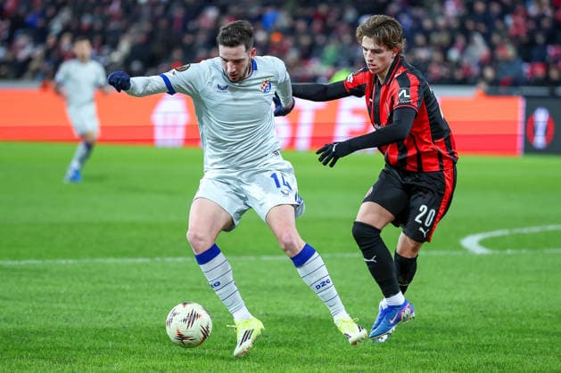 29 01 2026, Football, UEFA Europa League, Matchday 8, FC Midtjylland GNK Dinamo Zagreb, MCH Arena in Herning, Denmark Marko Soldo GNK Dinamo 14 in duel against Valdemar Byskov FC Midtjylland 20 Regulations prohibit any use of photographs as image sequences and or quasi video Denmark