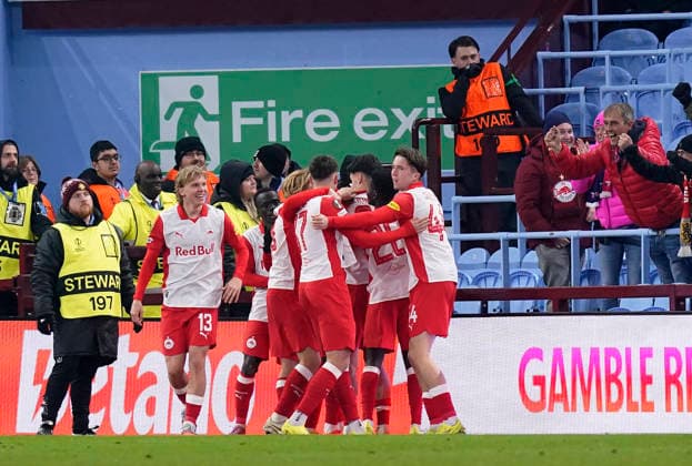 Birmingham, England, 29th January 2026. Salzburg players celebrate their second goal during the Aston Villa vs FC Salzburg UEFA Europa League match at Villa Park, Birmingham. Picture credit should read: Andrew Yates Sportimage EDITORIAL USE ONLY. No use with unauthorised audio, video, data, fixture lists, club league logos or live services. Online in-match use limited to 120 images, no video emulation. No use in betting, games or single club league player publications. SPI_041_AY_Villa_Salzburg SPI-4490-0040
