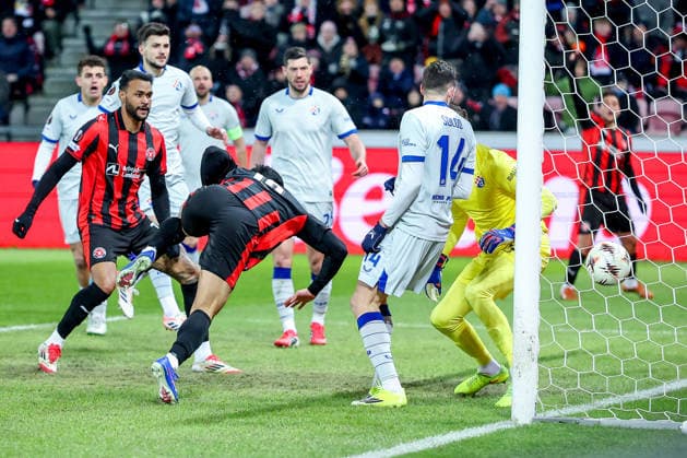 29 01 2026, Football, UEFA Europa League, Matchday 8, FC Midtjylland GNK Dinamo Zagreb, MCH Arena in Herning, Denmark Goal kick header header goal goal to 1 0 by scorer Gue sung Cho FC Midtjylland 10 Regulations prohibit any use of photographs as image sequences and or quasi video Denmark