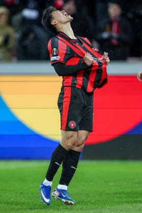 29 01 2026, Football, UEFA Europa League, Matchday 8, FC Midtjylland GNK Dinamo Zagreb, MCH Arena in Herning, Denmark Goal celebration after the 1 0 goal by scorer Gue sung Cho FC Midtjylland 10 Regulations prohibit any use of photographs as image sequences and or quasi video Denmark