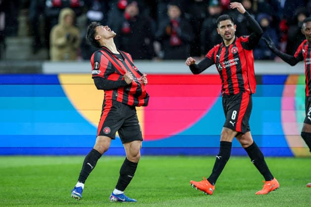 29 01 2026, Football, UEFA Europa League, Matchday 8, FC Midtjylland GNK Dinamo Zagreb, MCH Arena in Herning, Denmark Goal celebration after the 1 0 goal by scorer Gue sung Cho FC Midtjylland 10 Regulations prohibit any use of photographs as image sequences and or quasi video Denmark