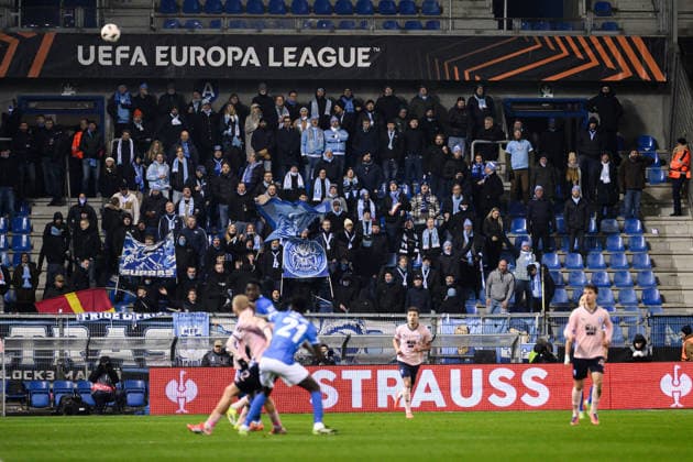260129 Fans of Malmö FF during the UEFA Europa League football match between KRC Genk and Malmö FF on January 29, 2026 in Genk Photo Simon Hastegard BILDBYRAN kod SH SH0684 fotboll football soccer fotball uefa europa league europa league krc genk malmö ff bbeng publik  Copyright: SIMONxHASTEGARD BB260129SH059