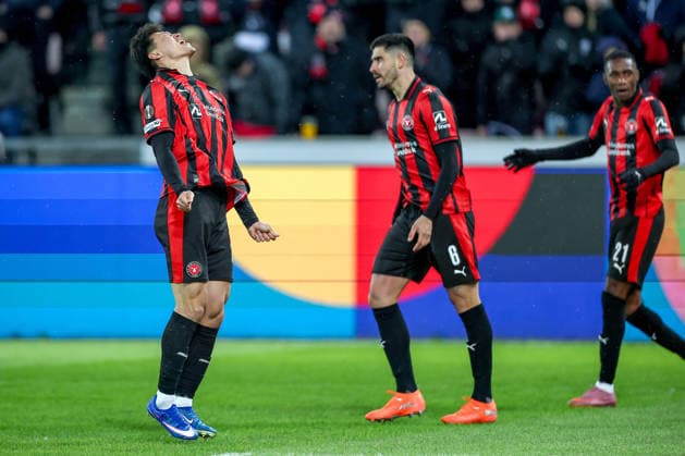 29 01 2026, Football, UEFA Europa League, Matchday 8, FC Midtjylland GNK Dinamo Zagreb, MCH Arena in Herning, Denmark Goal celebration after the 1 0 goal by scorer Gue sung Cho FC Midtjylland 10 Regulations prohibit any use of photographs as image sequences and or quasi video Denmark