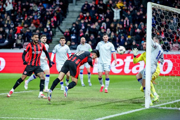 29 01 2026, Football, UEFA Europa League, Matchday 8, FC Midtjylland GNK Dinamo Zagreb, MCH Arena in Herning, Denmark Goal kick header header goal goal to 1 0 by scorer Gue sung Cho FC Midtjylland 10 Regulations prohibit any use of photographs as image sequences and or quasi video Denmark