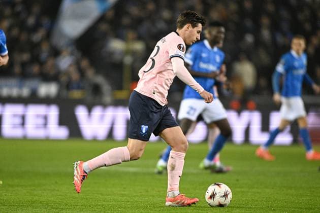 Malmo s Lasse Berg Johnsen pictured in action during a soccer game between Belgian soccer team KRC Genk and Swedish team Malmo FF, in Genk, on Thursday 29 January 2026, on day eight of the League phase of the UEFA Europa League tournament. JILLxDELSAUX  x159649705x