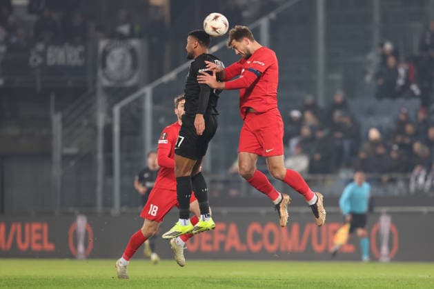 SOCCER - UEFA EL, Sturm vs Brann GRAZ,AUSTRIA,29.JAN.26 - SOCCER - UEFA Europa League, SK Sturm Graz vs SK Brann Bergen. Image shows Maurice Malone (Sturm) and Frederik Pallesen Knudsen (Brann).  GEPAxpictures xChrisxBauer