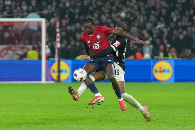 Ngal™ayel Mukau OSC Lille, 17 in duel with Bruno Ogbus SC Freiburg, 43 , France, Football, UEFA Europa League, Matchday 8, League phase, 2025 2026, OSC Lille vs SC Freiburg, 29 01 2026, Stade Pierre Mauroy, Lille, France Lille Stade Pierre Mauroy DÃ partements Nord, Hauts de Fra France Copyright: xArnexAmbergx