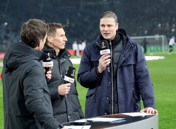 SOCCER - UEFA EL, Sturm vs Brann GRAZ,AUSTRIA,29.JAN.26 - SOCCER - UEFA Europa League, SK Sturm Graz vs SK Brann Bergen. Image shows Christian Brugger, Florian Klein and Sebastian Proedl (ServusTV).  GEPAxpictures xHansxOberlaender