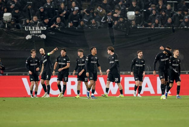 SOCCER - UEFA EL, Sturm vs Brann GRAZ,AUSTRIA,29.JAN.26 - SOCCER - UEFA Europa League, SK Sturm Graz vs SK Brann Bergen. Image shows Tim Oermann (Sturm), Jon Gorenc Stankovic (Sturm), Emir Karic (Sturm), Arjan Malic (Sturm), Axel Kayombo (Sturm), Luca Weinhandl (Sturm), Otar Kiteishvili (Sturm), Axel Kayombo (Sturm) and Tomi Horvat (Sturm). GEPAxpictures xHansxOberlaender