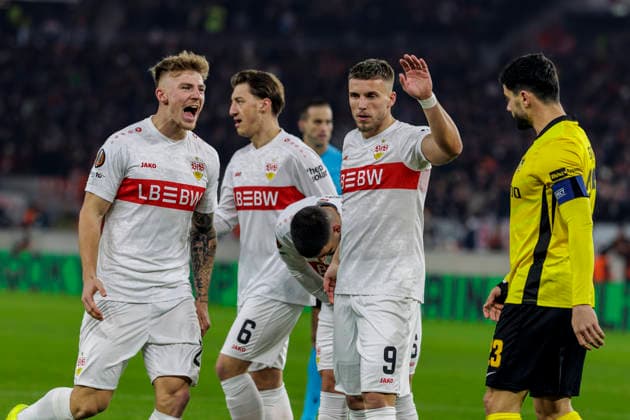 Stuttgart, Germany January 29, 2026 Europa League 2025 2026 VfB Stuttgart vs Young Boys Bern In the picture in the grape scorer Deniz Undav VfB cheers with his teammates after his goal for 1 0, MHP Arena Baden Württemberg Copyright: xFotostandx xSchäferx