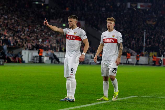 Stuttgart, Germany January 29, 2026 Europa League 2025 2026 VfB Stuttgart vs Young Boys Bern In the picture from left scorer Ermedin Demirovic VfB celebrates after his goal to 2 0 with Badredine Bouanani VfB MHP Arena Baden Württemberg Copyright: xFotostandx xSchäferx