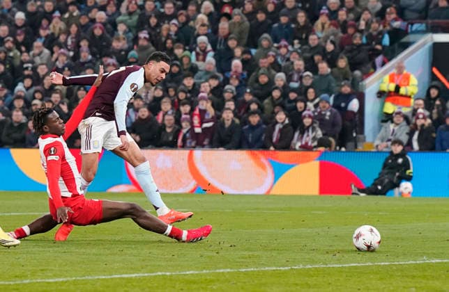 Birmingham, England, 29th January 2026. Morgan Rogers of Aston Villa scores their first goal (1-2) during the Aston Villa vs FC Salzburg UEFA Europa League match at Villa Park, Birmingham. Picture credit should read: Andrew Yates Sportimage EDITORIAL USE ONLY. No use with unauthorised audio, video, data, fixture lists, club league logos or live services. Online in-match use limited to 120 images, no video emulation. No use in betting, games or single club league player publications. SPI_049_AY_Villa_Salzburg SPI-4490-0048