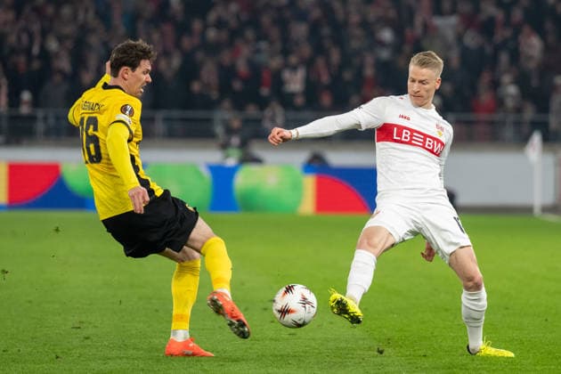 from left in duel Christian Fassnacht BSC Young Boys Bern, 16 , Chris Fuehrich VfB Stuttgart, 10 GER, VfB Stuttgart vs BSC Young Boys Bern, Football, UEFA Europa League, Men, Matchday 8, Season 2025 2026, 29 01 2026, GER, VfB Stuttgart vs BSC Young Boys Bern, Football, UEFA Europa League, Men, Matchday 8, Season 2025 2026, 29 01 2026 Stuttgart Copyright: xEibner-Pressefoto WolfgangxFrankx EP_WFK