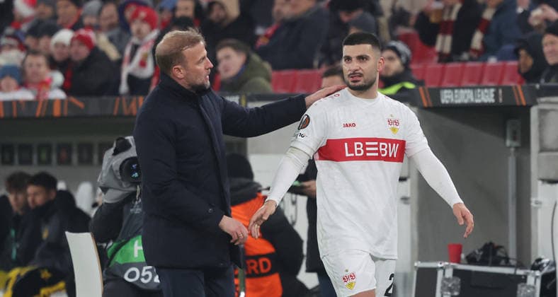 Stuttgart, Soccer Europa League , VfB Stuttgart vs BSC Young Boys Bern , from left Sebastian Hoeneß Deniz Undav VfB