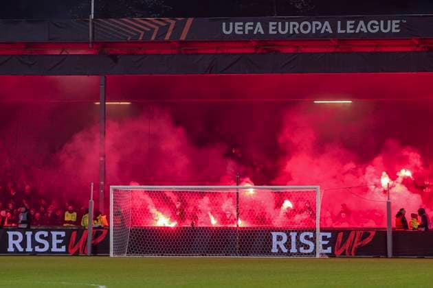 flares and fire work of supporters of Go Ahead Eagles Go Ahead Eagles v SC Braga, UEFA Europa League 2025 26 League Phase MD8, Go Ahead Eagles v SC Braga, Stadion De Adelaarshorst, January 29, 2026, Deventer, Netherlands.