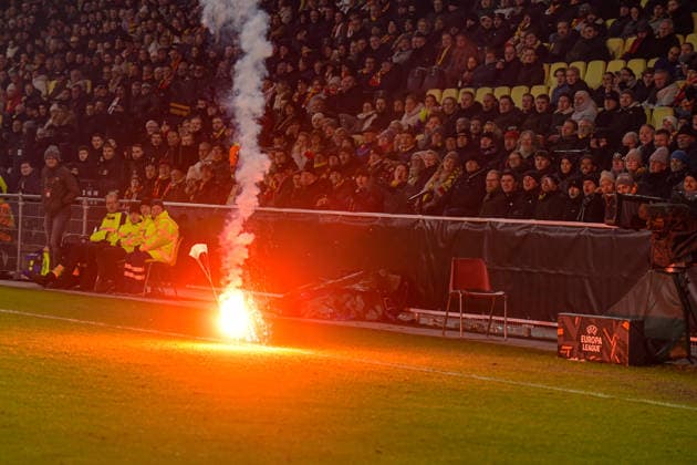 2026-01-29 - Europa League match DEVENTER, NETHERLANDS - JANUARY 29: fireworks thrown on the field by fans of Go Ahead Eagles during the Europa League match at the De Adelaarshorst on January 29, 2026 in Deventer, Netherlands Deventer De Adelaarshorst Netherlands Content not available for redistribution in The Netherlands directly or indirectly through any third parties. Copyright: xDennisxBresserx