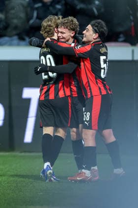29 01 2026, Football, UEFA Europa League, Matchday 8, FC Midtjylland GNK Dinamo Zagreb, MCH Arena in Herning, Denmark Goal celebration after the 2-0 goal by scorer Victor Bak FC Midtjylland 55 together with Aral Simsir FC Midtjylland 58 Valdemar Byskov FC Midtjylland 20 Regulations prohibit any use of photographs as image sequences and or quasi video Denmark