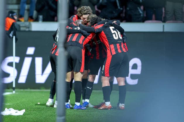 29 01 2026, Football, UEFA Europa League, Matchday 8, FC Midtjylland GNK Dinamo Zagreb, MCH Arena in Herning, Denmark Goal celebration after the 2-0 goal by scorer Victor Bak FC Midtjylland 55 together with Regulations prohibit any use of photographs as image sequences and or quasi video Denmark