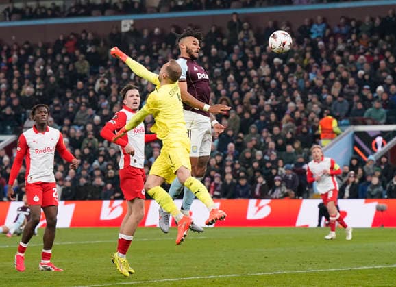 Birmingham, England, 29th January 2026. Tyrone Mings of Aston Villa scores their equalising goal during the Aston Villa vs FC Salzburg UEFA Europa League match at Villa Park, Birmingham. Picture credit should read: Andrew Yates Sportimage EDITORIAL USE ONLY. No use with unauthorised audio, video, data, fixture lists, club league logos or live services. Online in-match use limited to 120 images, no video emulation. No use in betting, games or single club league player publications. SPI_057_AY_Villa_Salzburg SPI-4490-0056