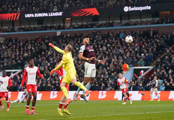 Birmingham, England, 29th January 2026. Tyrone Mings of Aston Villa scores their equalising goal during the Aston Villa vs FC Salzburg UEFA Europa League match at Villa Park, Birmingham. Picture credit should read: Andrew Yates Sportimage EDITORIAL USE ONLY. No use with unauthorised audio, video, data, fixture lists, club league logos or live services. Online in-match use limited to 120 images, no video emulation. No use in betting, games or single club league player publications. SPI_058_AY_Villa_Salzburg SPI-4490-0057