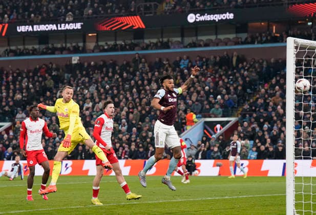 Birmingham, England, 29th January 2026. Tyrone Mings of Aston Villa scores their equalising goal during the Aston Villa vs FC Salzburg UEFA Europa League match at Villa Park, Birmingham. Picture credit should read: Andrew Yates Sportimage EDITORIAL USE ONLY. No use with unauthorised audio, video, data, fixture lists, club league logos or live services. Online in-match use limited to 120 images, no video emulation. No use in betting, games or single club league player publications. SPI_060_AY_Villa_Salzburg SPI-4490-0059