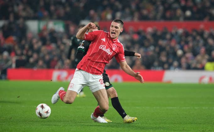 Nikola Milenkovic of Nottingham Forest seen in action during the UEFA Europa league football match between Nottingham Forest and Ferencvaros TC at the City Ground in Nottingham. Copyright: xPaulxBonser SportsxPressxPhotox Sportspressphoto_SPR86793